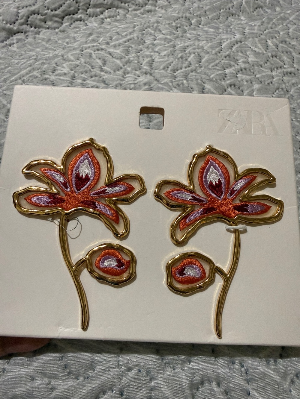 ZARA Gold-Trim Floral Drop Earrings with Pink and Orange Embroidery